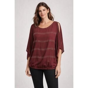 Jaipur Burgundy Studded Blouse Medium Sheer Batwing Sleeve Bubble Hem Boho Top